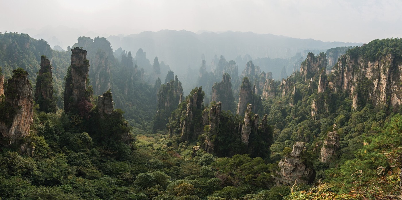 Panoramic view over sandstone peaks and forested valleys from Tianzi Mountain, Wulingyuan